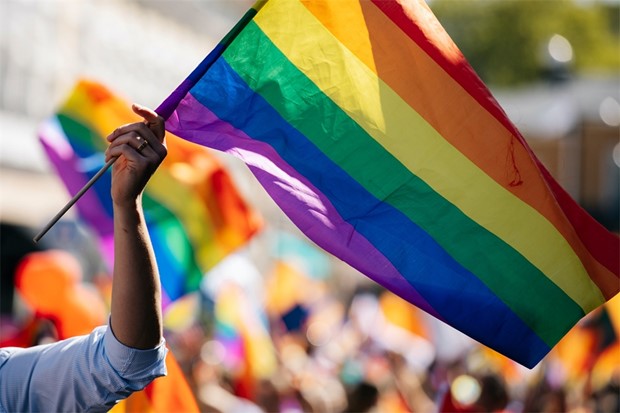 De har hedersuppdraget att b�ra den stora flaggan i V�xj� Pride