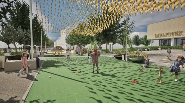 Beachvolley utanf�r biblioteket i sommar