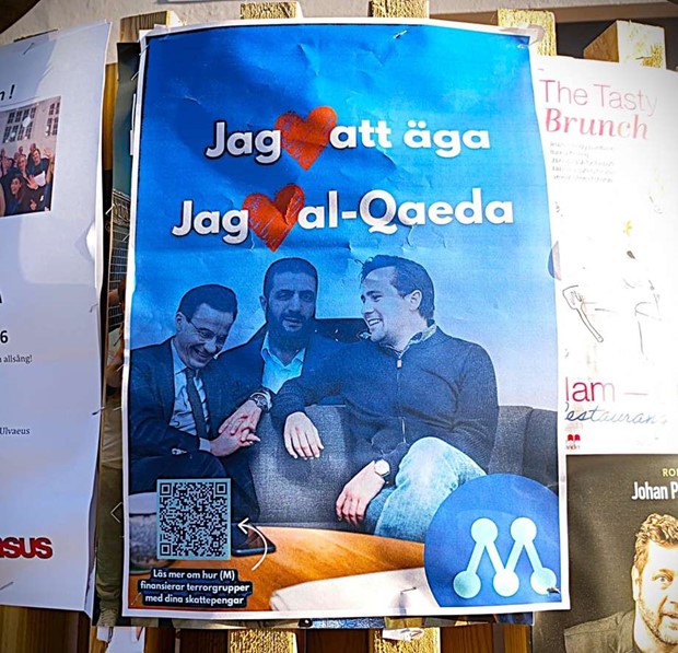 Falska Moderat-affischer spreds i V�xj� - pekade ut M som terrorfinansi�r 