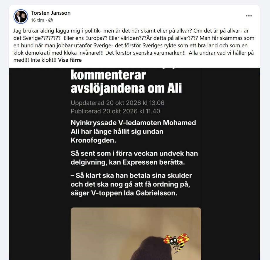Torsten Jansson om turerna kring Mohamed Ali (V): �Det f�rst�r Sveriges rykte och svenska varum�rken�